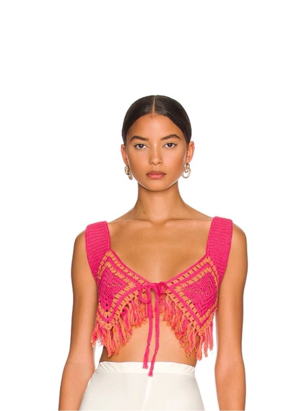 Camila Coelho Mira Hand Crochet Fringe Top in Raspberry & Orange